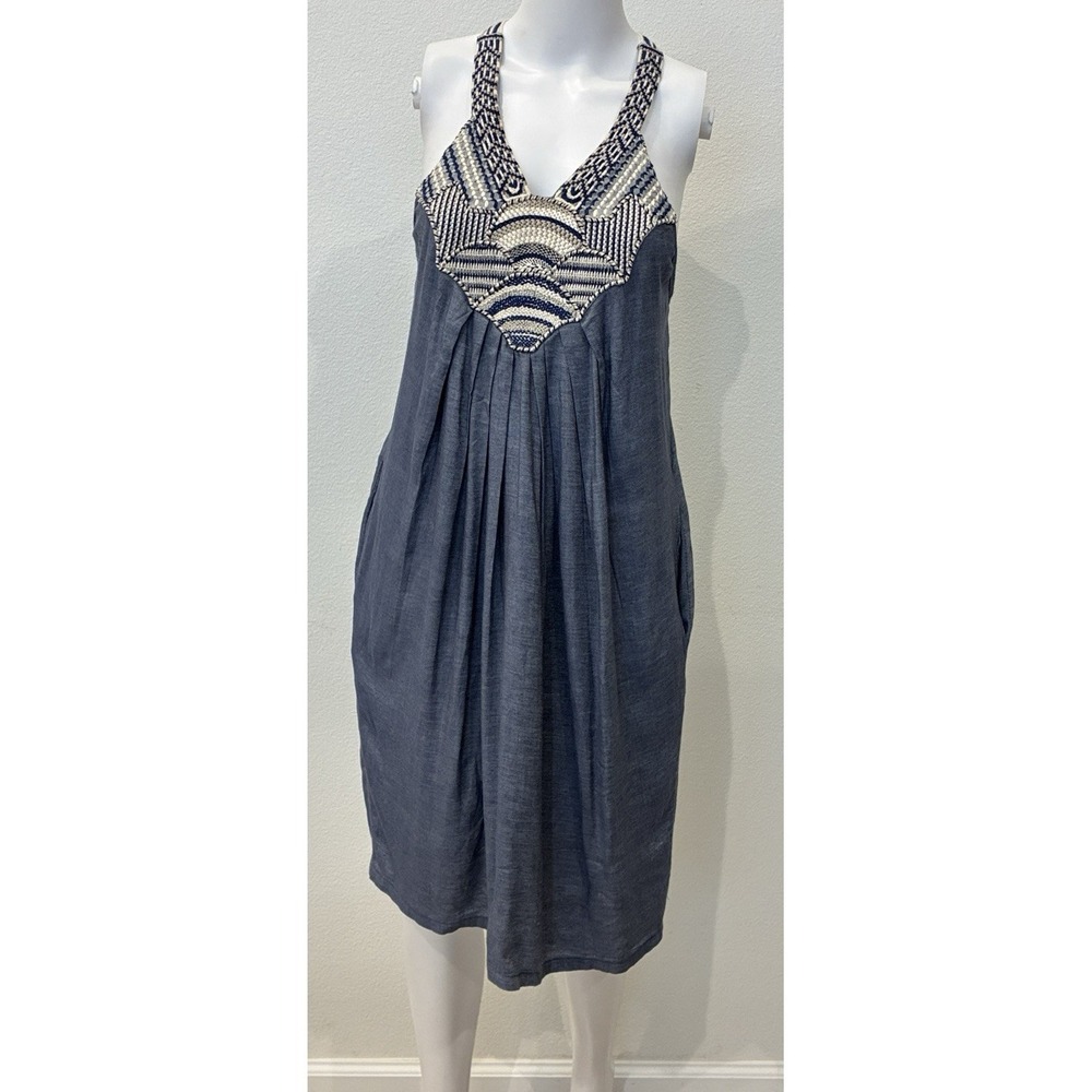 Ranna Gill‎ Anthropolgie Wiltern Embroidered Midi Dress Sz M Chambray Boho Linen